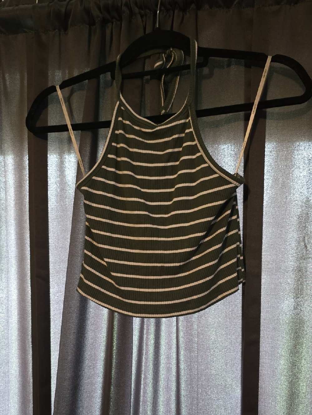 Forever 21 Olive Green and White Striped Halter Crop Top